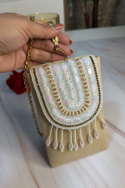 Elegant Ivory Beaded & Pearl Fringe Evening Mobile Clutch Bag