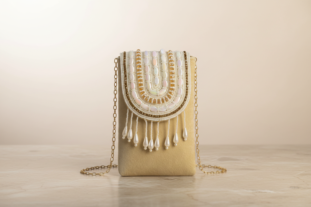 Elegant Ivory Beaded & Pearl Fringe Evening Mobile Clutch Bag