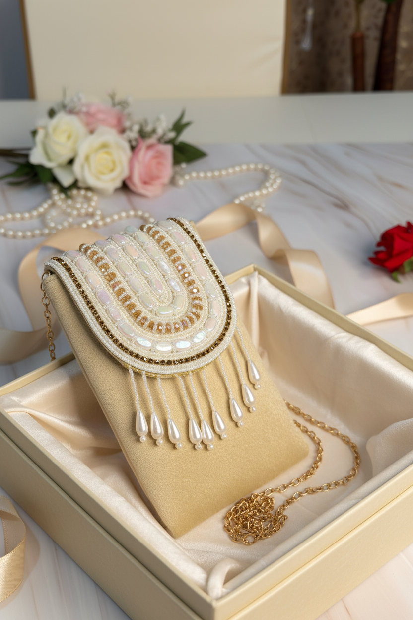 Elegant Ivory Beaded & Pearl Fringe Evening Mobile Clutch Bag