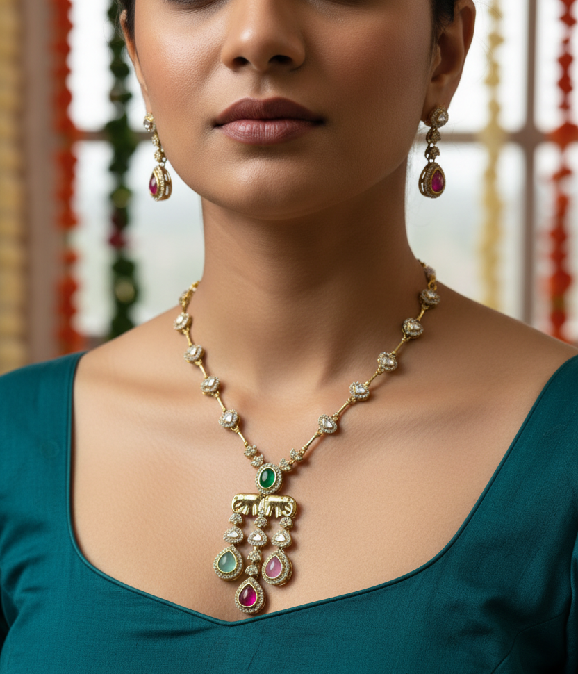 Exquisite Gold-Toned Kundan Polki Necklace & Earring Set