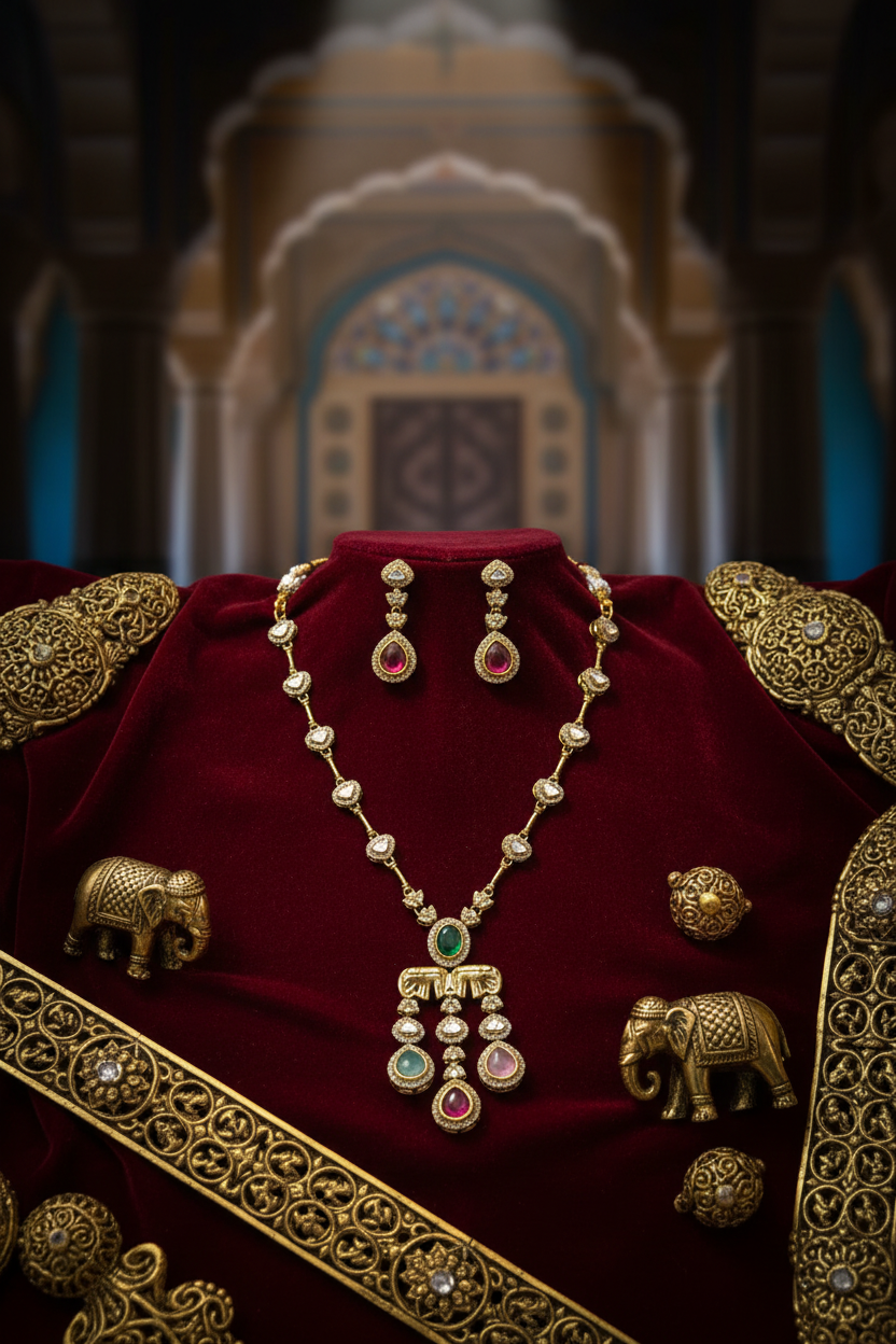 Exquisite Gold-Toned Kundan Polki Necklace & Earring Set