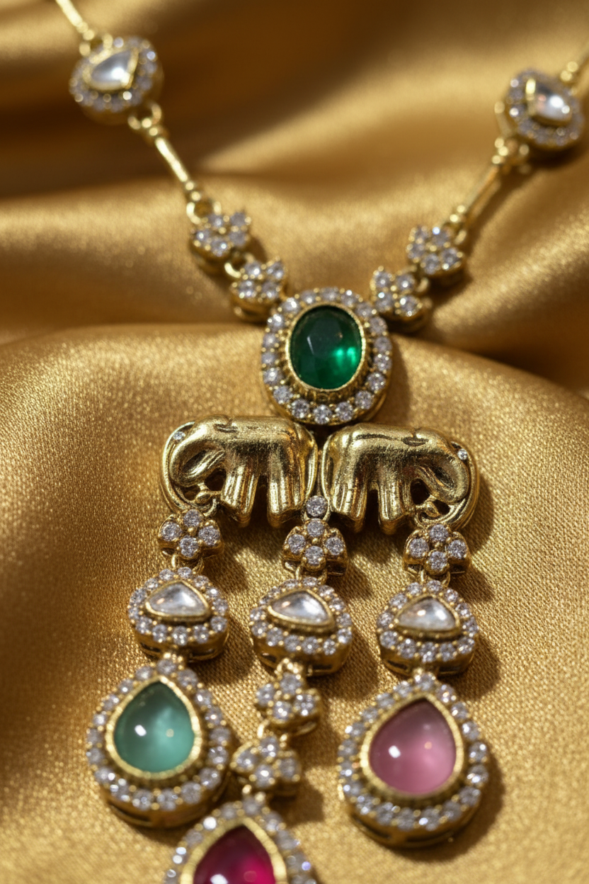 Jewelry set with necklace and earrings on a white stand