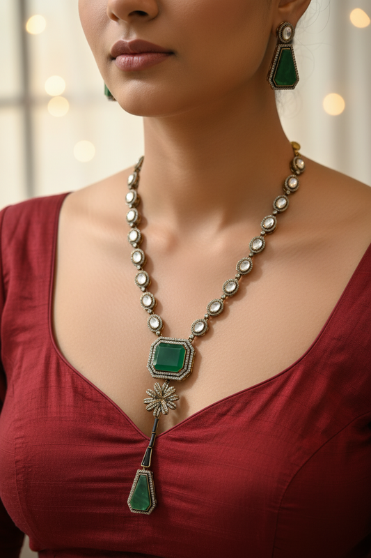 Regal Green Gemstone & Polki Diamond Jewelry Set