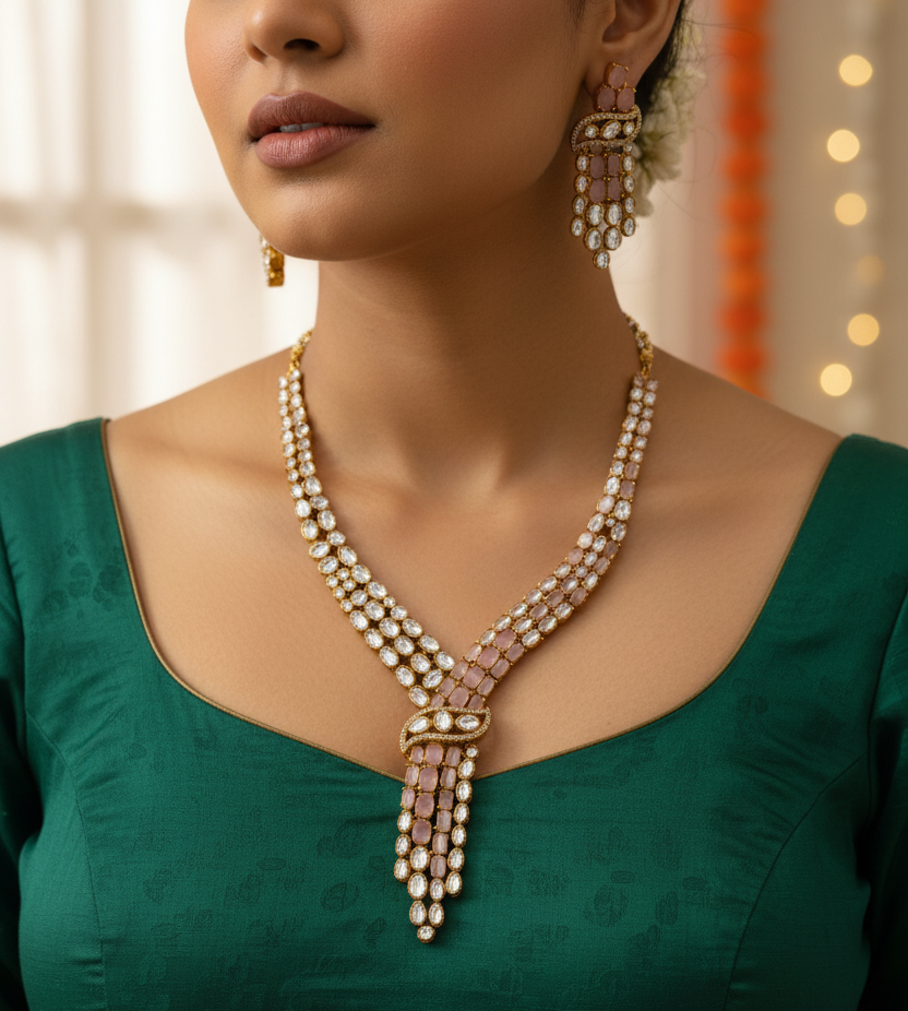Necklace and earrings set on a mannequin bust with a neutral background