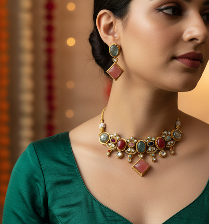 Exquisite Gold-Tone Choker Set with Multi-Color Gemstones