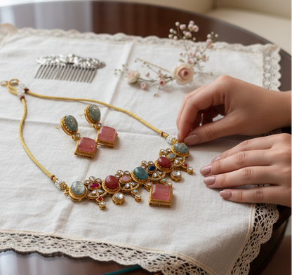 Exquisite Gold-Tone Choker Set with Multi-Color Gemstones