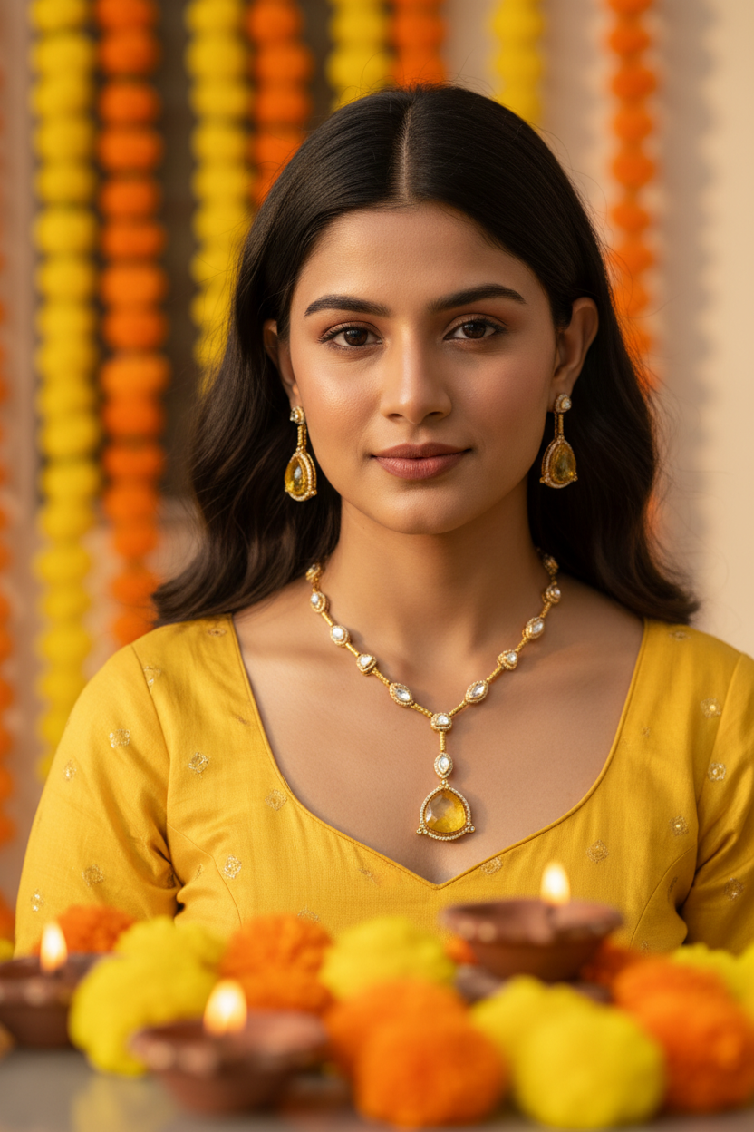 Exquisite Moisonnite Yellow Stone & Clear Accent Jewelry Set