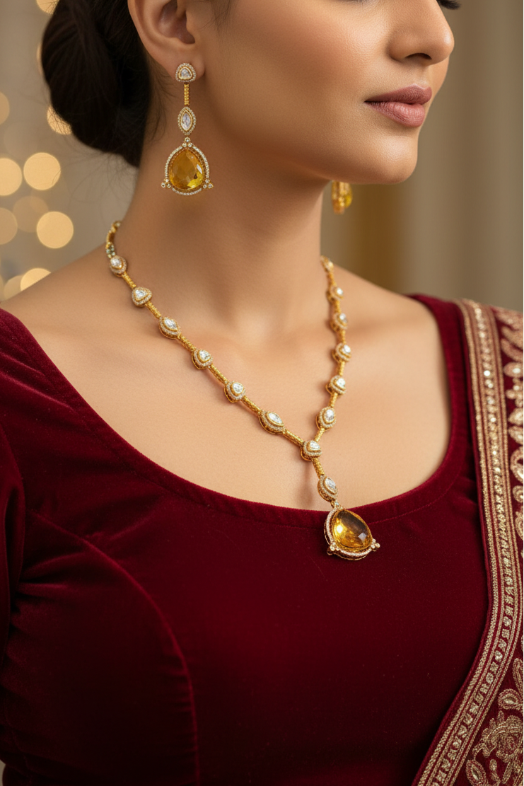 Exquisite Moisonnite Yellow Stone & Clear Accent Jewelry Set