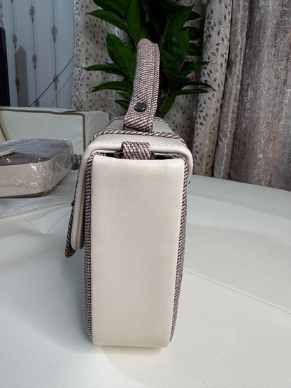 Chic Two-Tone Flap Top Handle Bag - Cream & Textured Brown