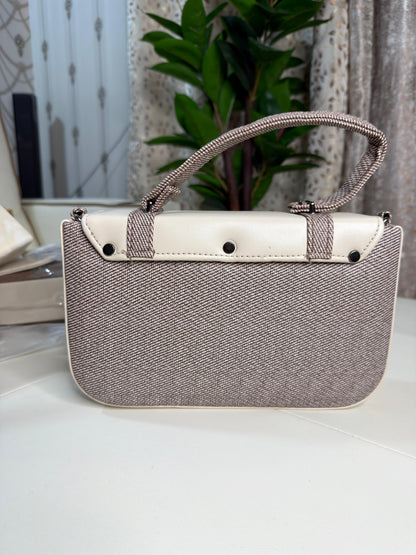 Chic Two-Tone Flap Top Handle Bag - Cream & Textured Brown