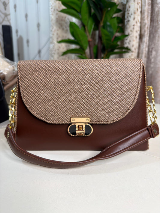 Chic Brown & Beige Tweed Flap Crossbody Shoulder Bag