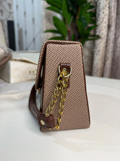 Chic Brown & Beige Tweed Flap Crossbody Shoulder Bag