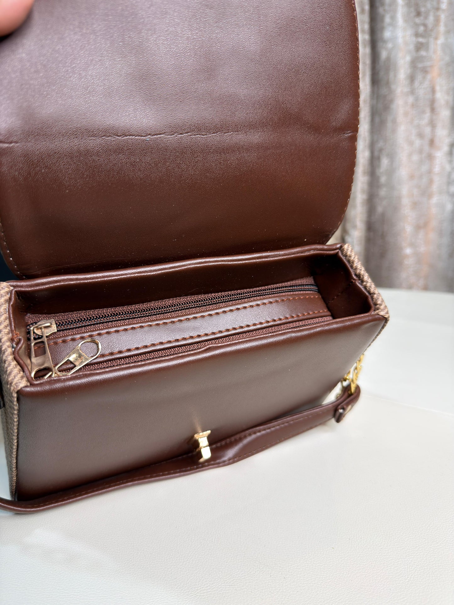 Chic Brown & Beige Tweed Flap Crossbody Shoulder Bag