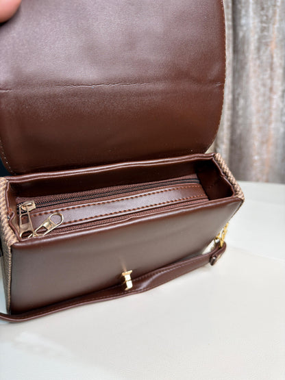 Chic Brown & Beige Tweed Flap Crossbody Shoulder Bag