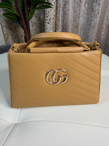 Chic Tan Chevron Quilted Handbag with Gold Interlocking Logo