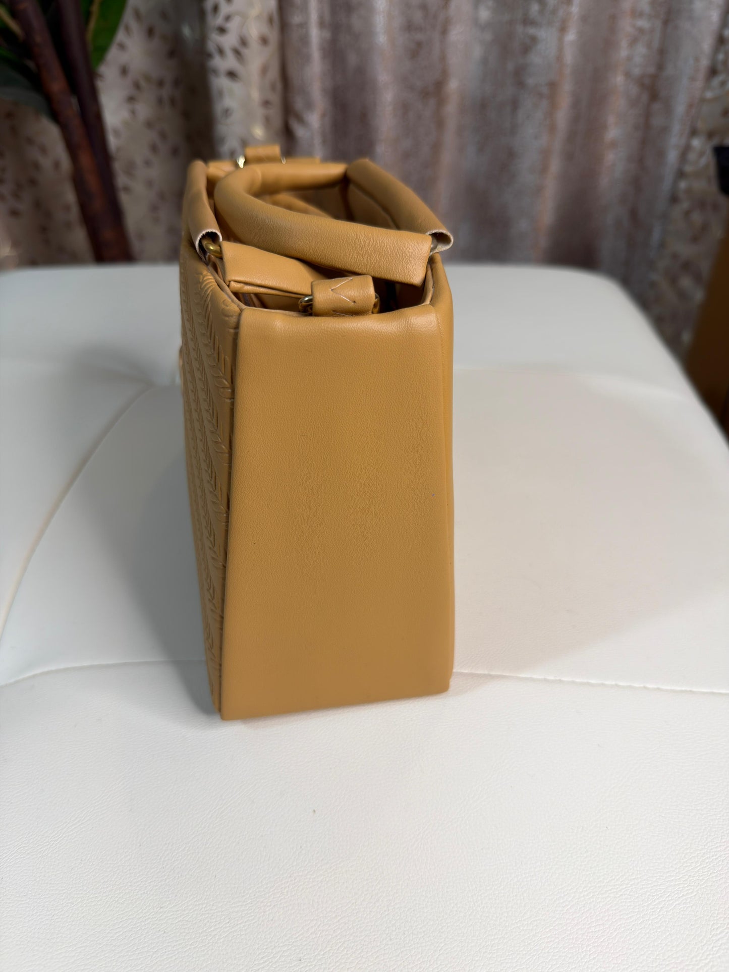 Chic Tan Chevron Quilted Handbag with Gold Interlocking Logo
