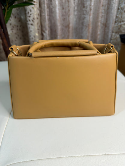 Chic Tan Chevron Quilted Handbag with Gold Interlocking Logo