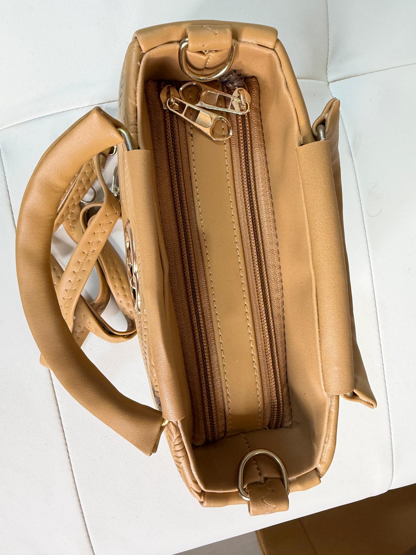 Chic Tan Chevron Quilted Handbag with Gold Interlocking Logo