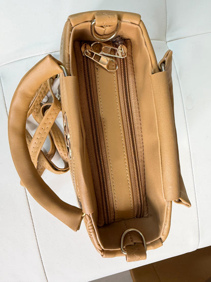 Chic Tan Chevron Quilted Handbag with Gold Interlocking Logo