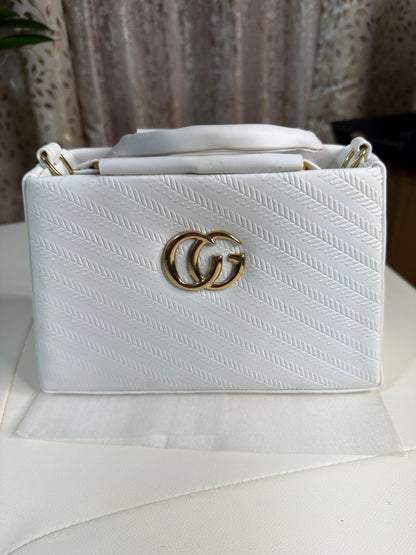 Chic Tan Chevron Quilted Handbag with Gold Interlocking Logo