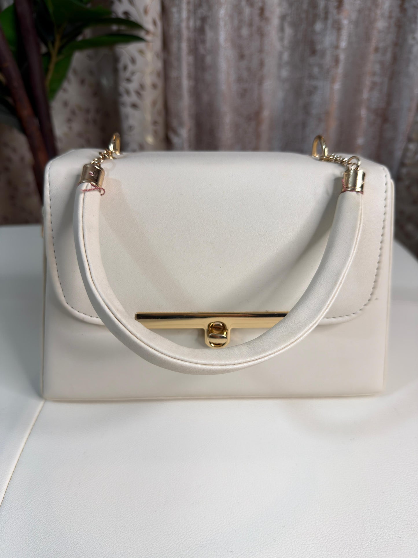 Elegant White Faux Leather Top-Handle Handbag