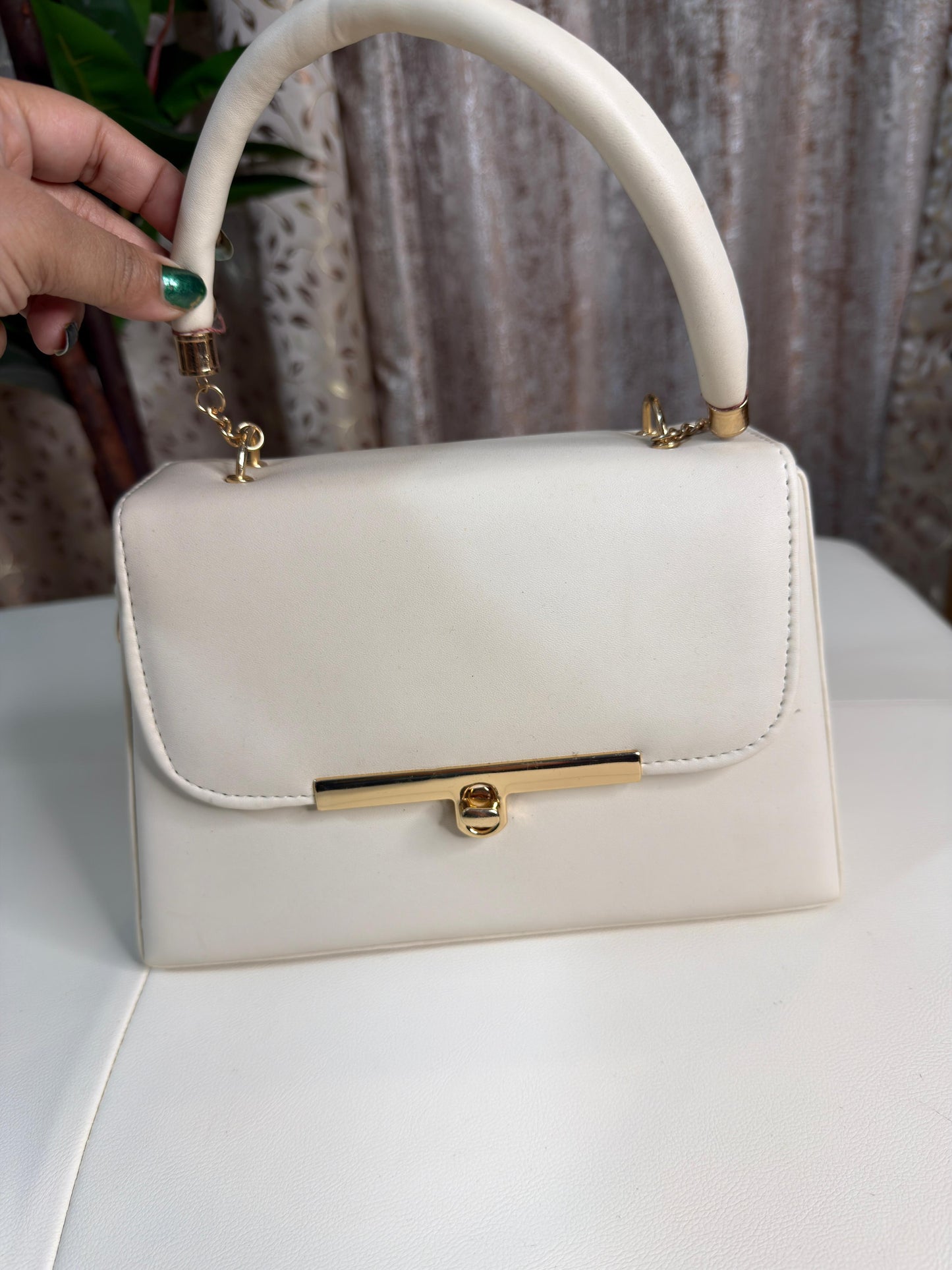 Elegant White Faux Leather Top-Handle Handbag