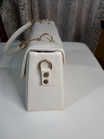 Elegant White Faux Leather Top-Handle Handbag