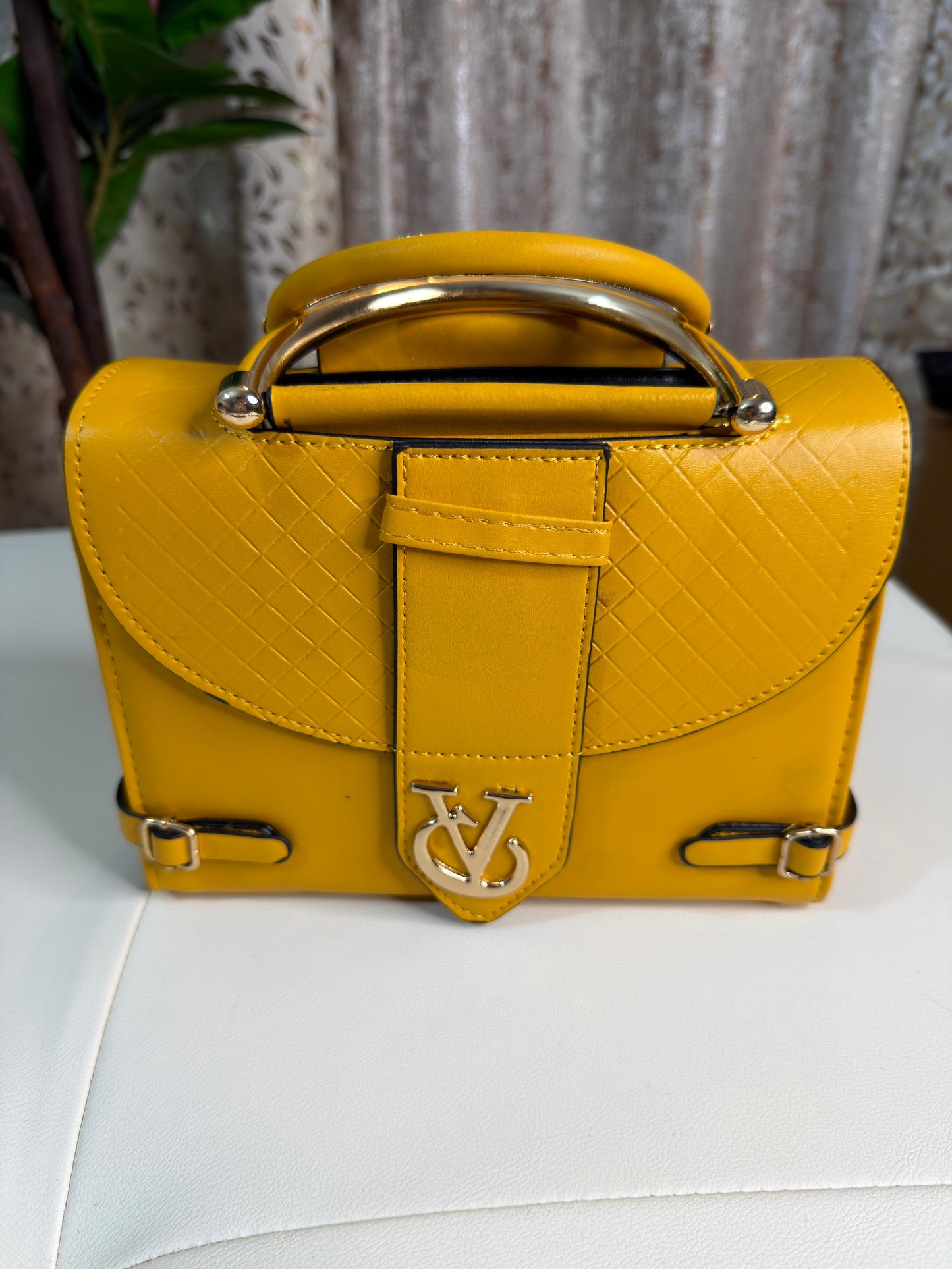 Chic Mustard Yellow Top-Handle Handbag with V-Logo Accent
