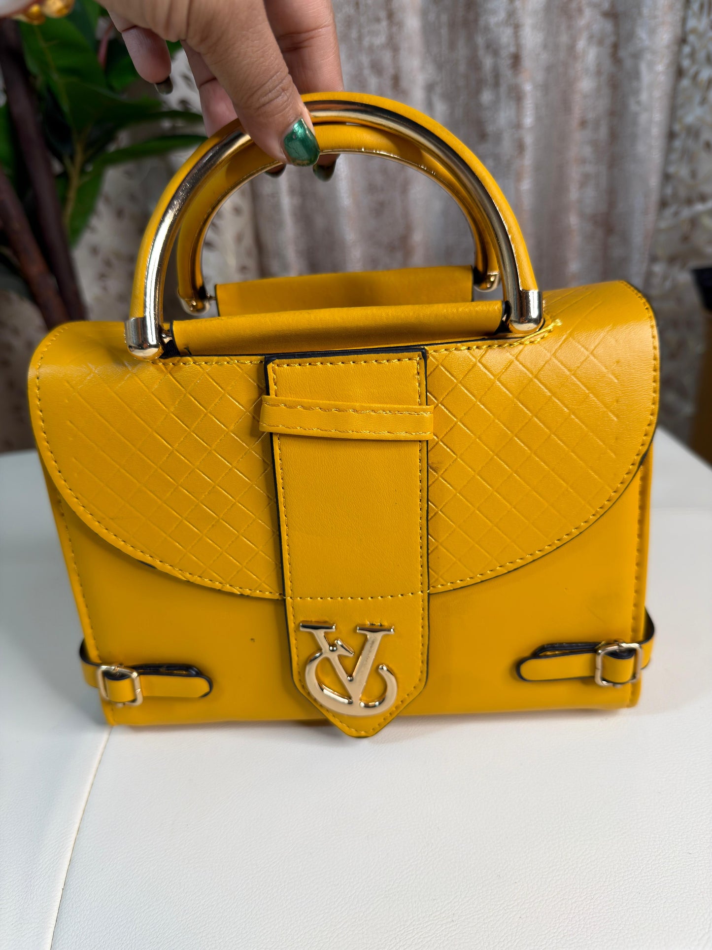 Chic Mustard Yellow Top-Handle Handbag with V-Logo Accent