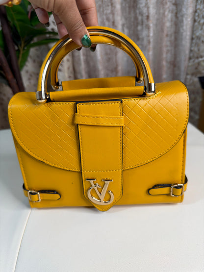 Chic Mustard Yellow Top-Handle Handbag with V-Logo Accent