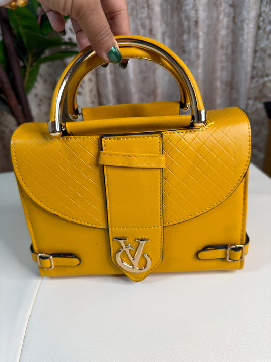 Chic Mustard Yellow Top-Handle Handbag with V-Logo Accent