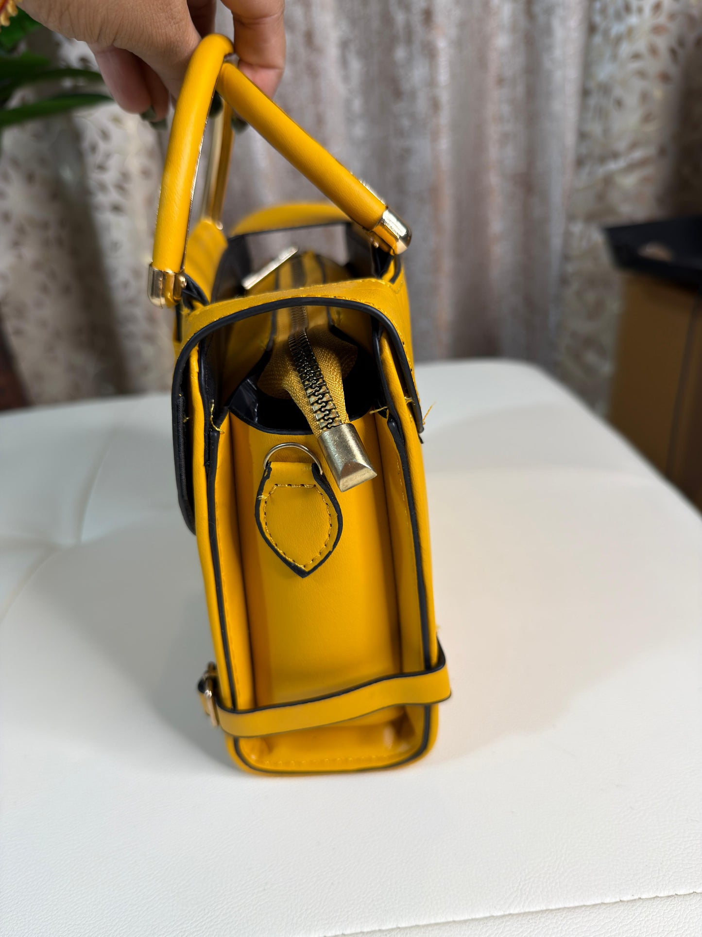 Chic Mustard Yellow Top-Handle Handbag with V-Logo Accent