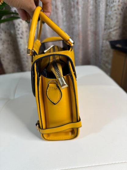Chic Mustard Yellow Top-Handle Handbag with V-Logo Accent