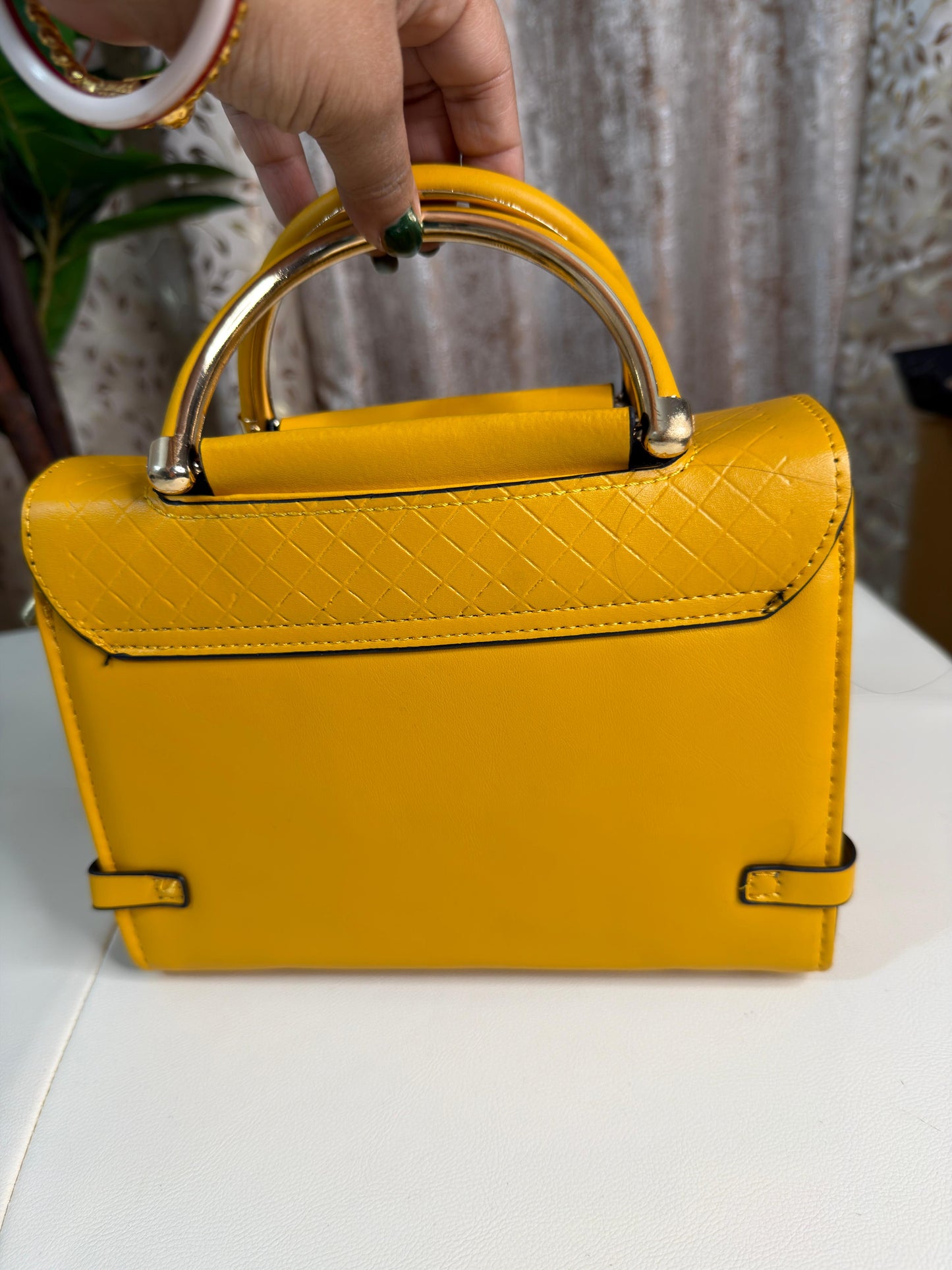Chic Mustard Yellow Top-Handle Handbag with V-Logo Accent