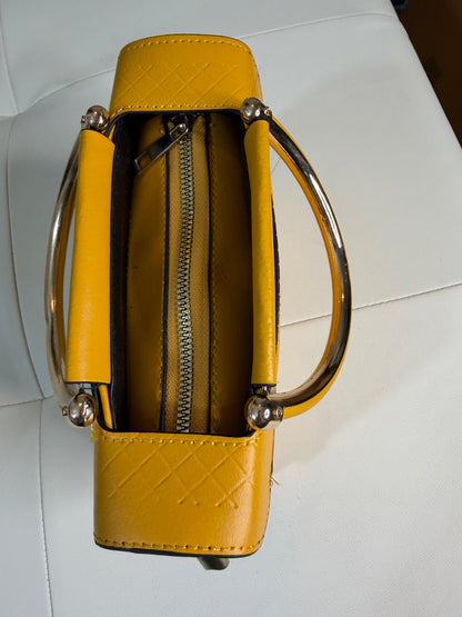 Chic Mustard Yellow Top-Handle Handbag with V-Logo Accent