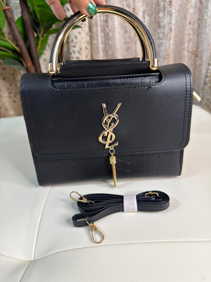 Elegant Black Top-Handle Bag with Gold Accents
