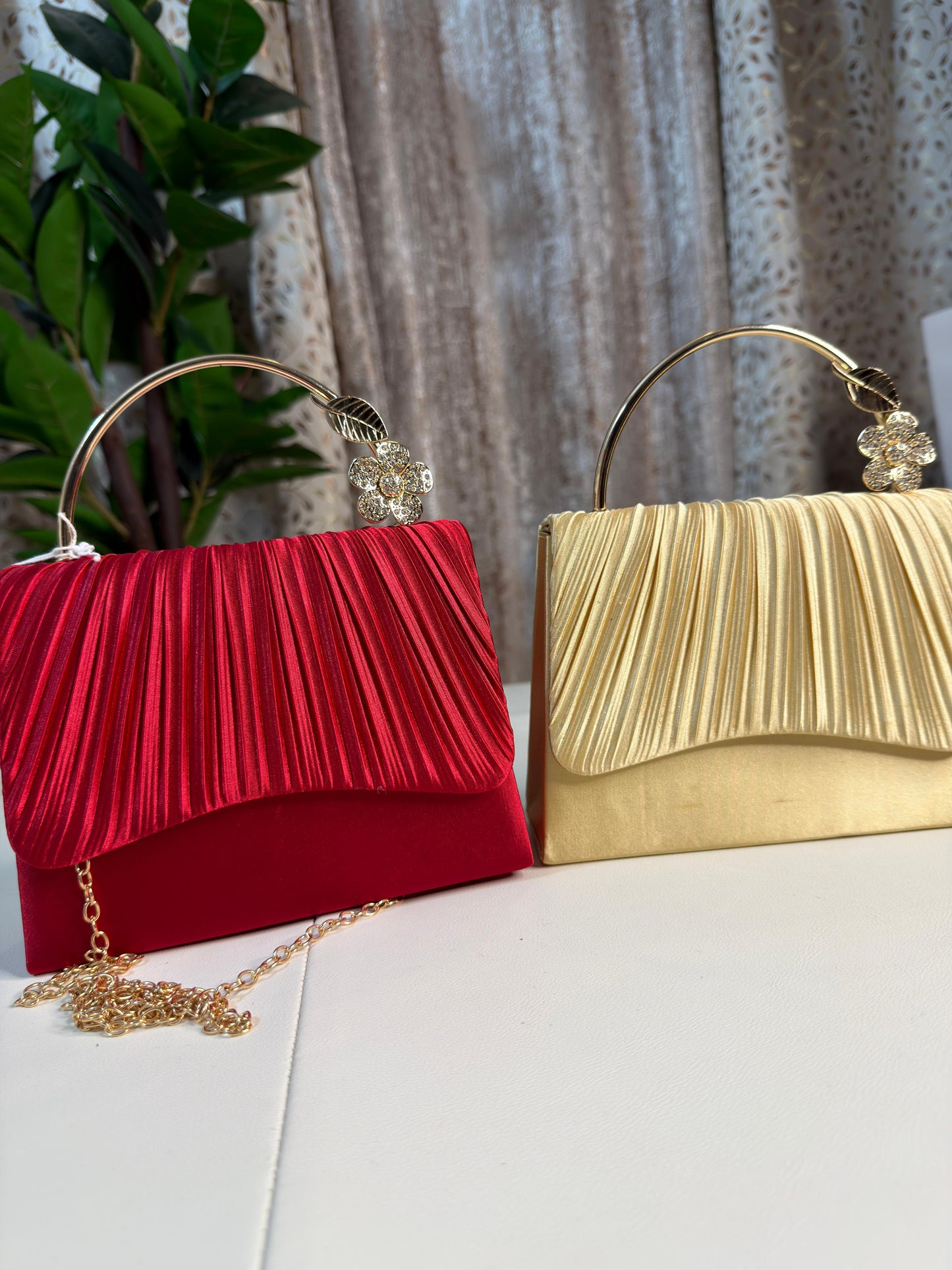 Elegant Pleated Satin Clutch Bag with Crystal Embellishment