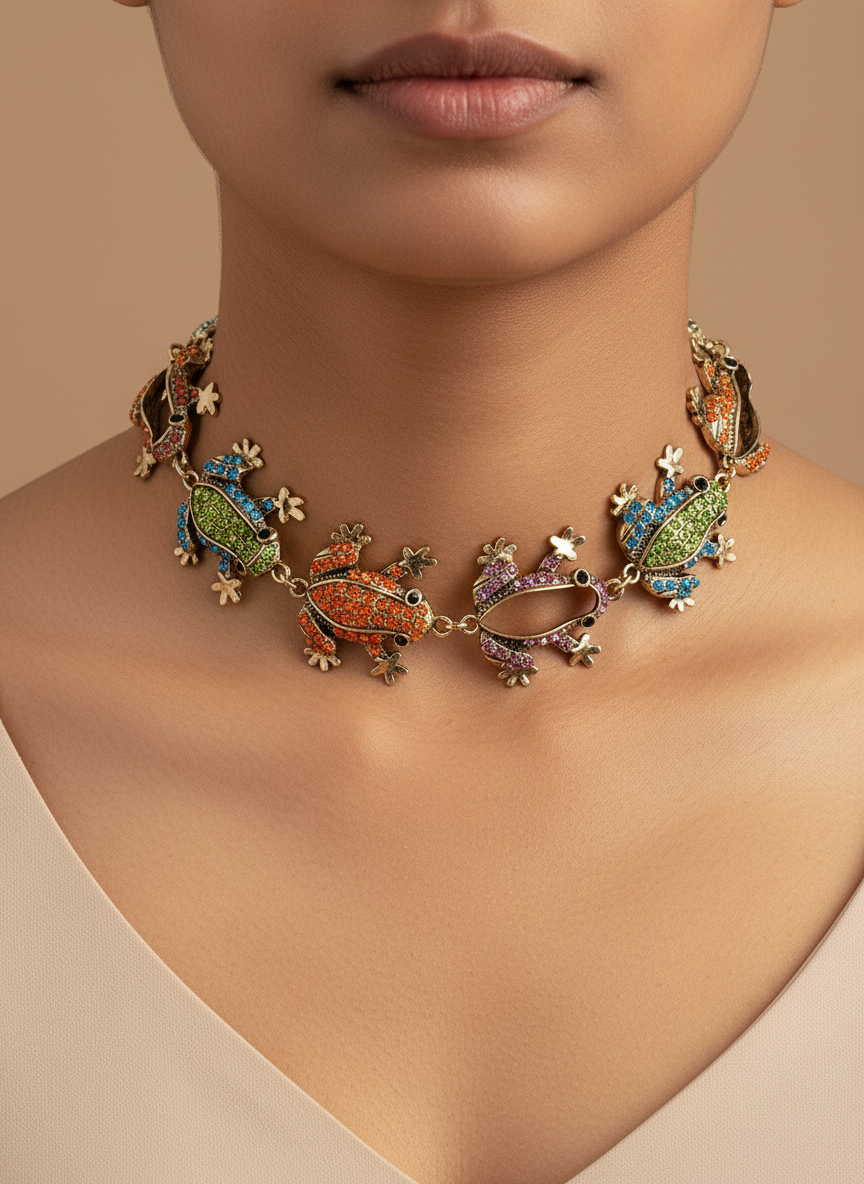 Multi-Color Crystal Frog Statement Necklace | Whimsical Animal Jewelry
