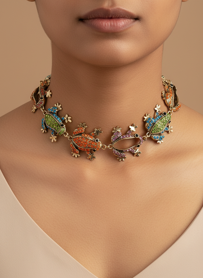 Multi-Color Crystal Frog Statement Necklace | Whimsical Animal Jewelry