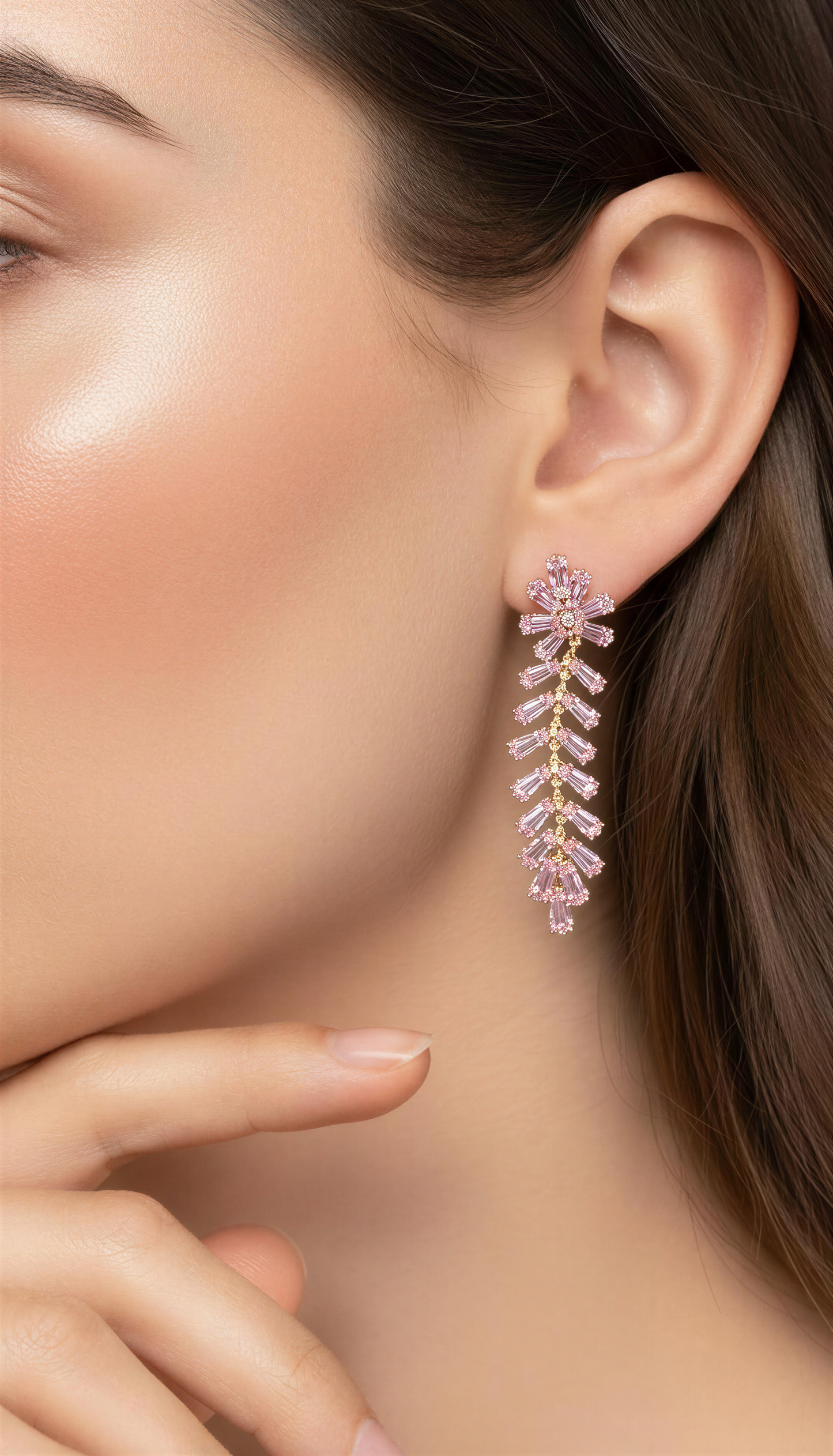 Elegant Pink Baguette Crystal Drop Earrings | Gold-Tone Cascading Dangles | Formal Wedding & Prom Jewelry