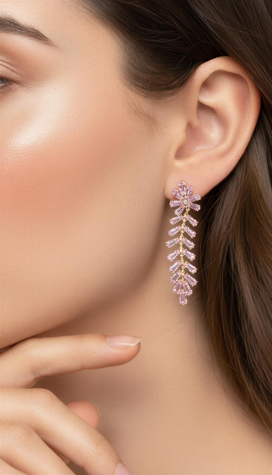 Elegant Pink Baguette Crystal Drop Earrings | Gold-Tone Cascading Dangles | Formal Wedding & Prom Jewelry
