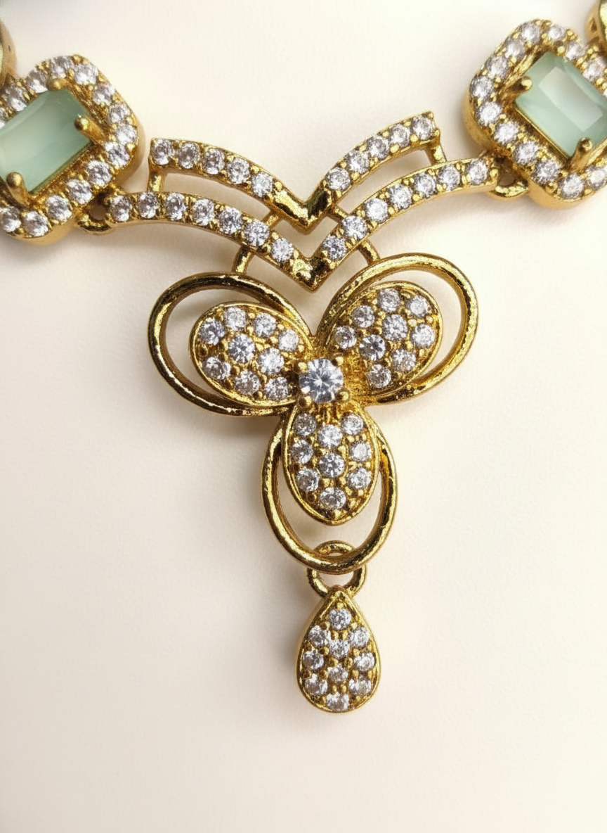 Statement Mint Green CZ & Gold-Tone Choker Set | Wide Textured Necklace & Matching Drop Earrings | Modern Festive Wear