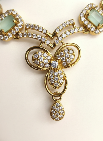 Statement Mint Green CZ & Gold-Tone Choker Set | Wide Textured Necklace & Matching Drop Earrings | Modern Festive Wear