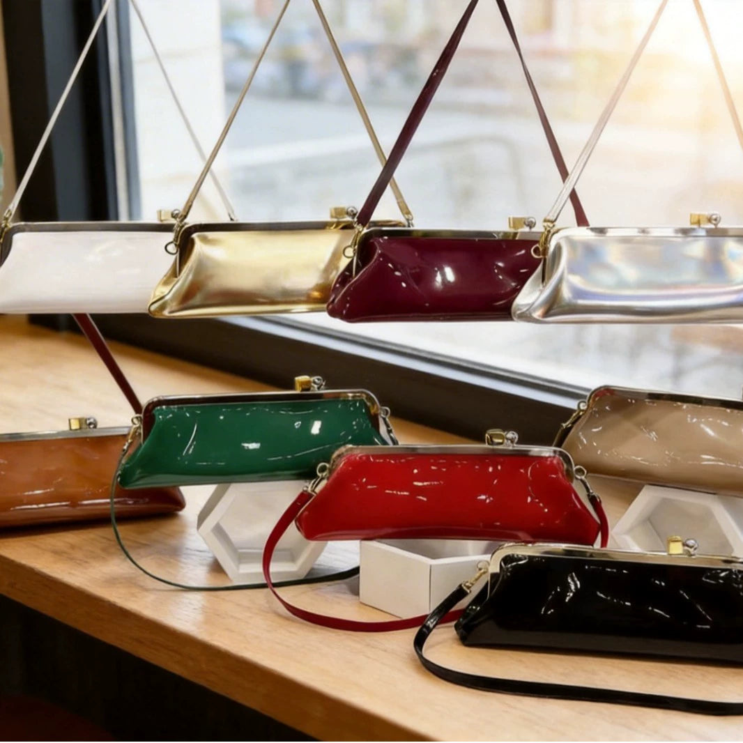 Retro Glam Brown Patent Leather Shoulder Bag with Frame Clasp