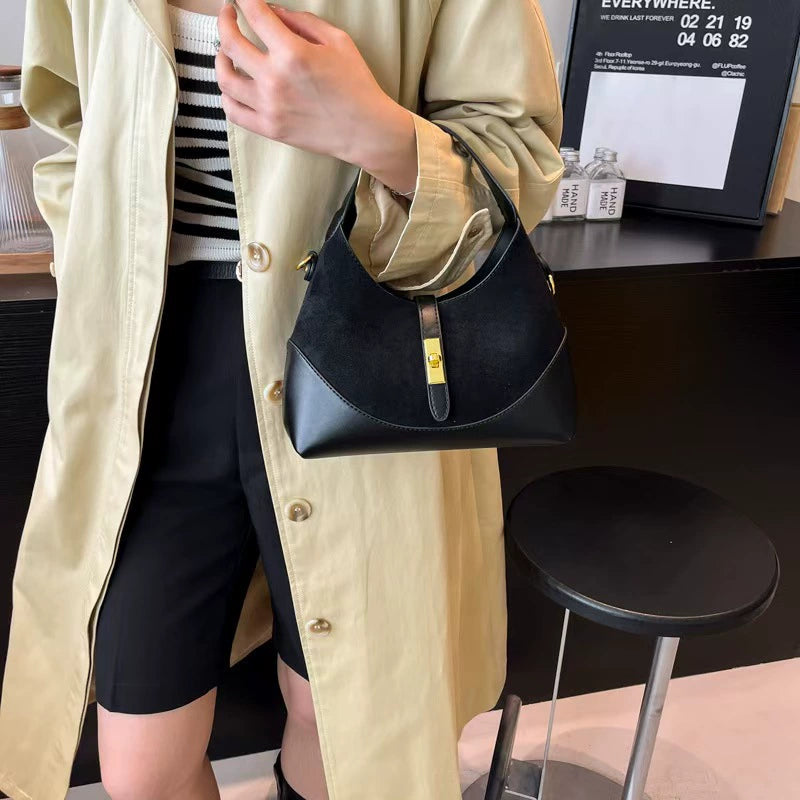 Chic Black Suede & Leather Hobo Handbag