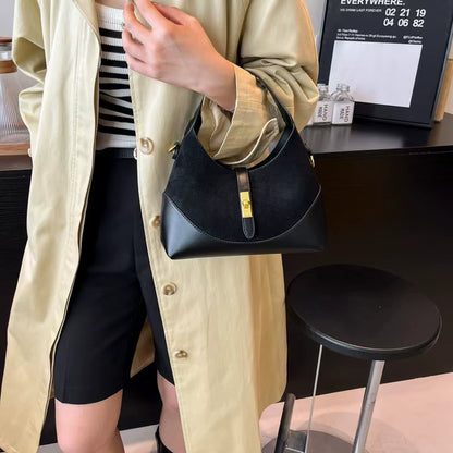 Chic Black Suede & Leather Hobo Handbag
