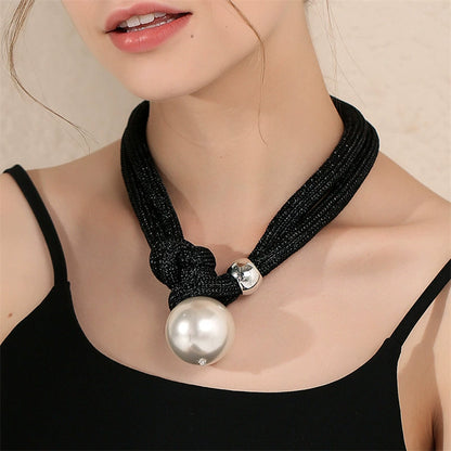 Chic Black Cord & Knot Pearl Statement Necklace