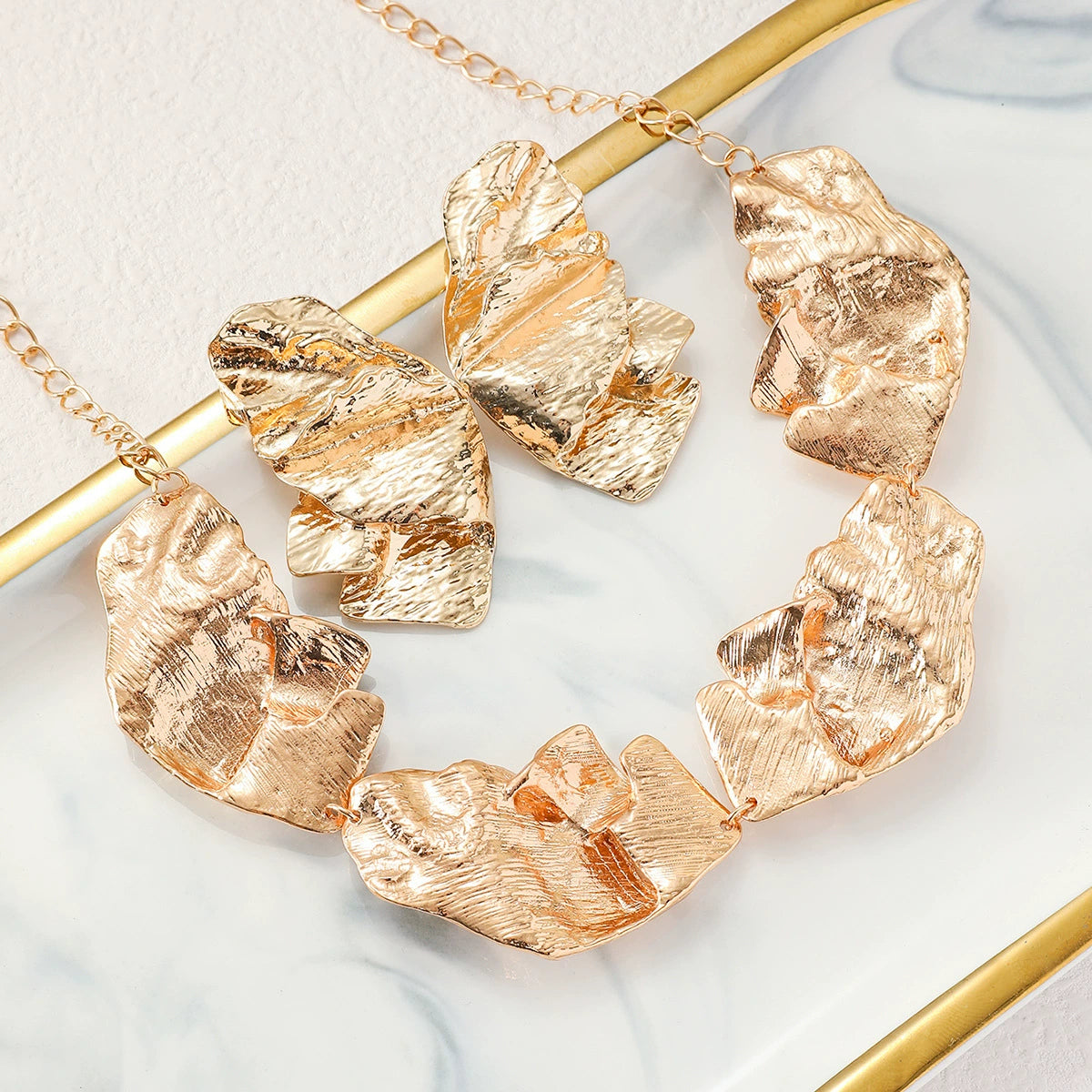 Abstract Hammered Gold and Silver Statement Necklace & Earring Set