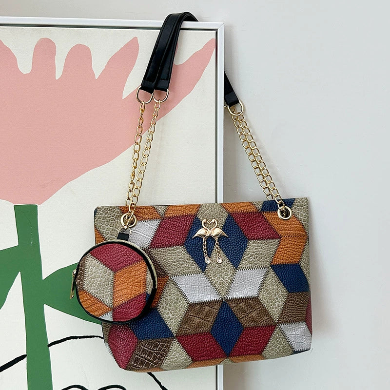 Colorful Geometric Cube Patchwork Shoulder Bag & Coin Purse