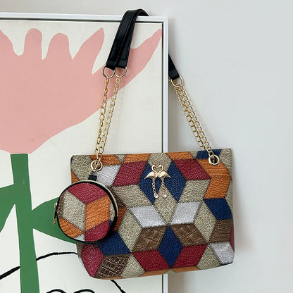 Colorful Geometric Cube Patchwork Shoulder Bag & Coin Purse
